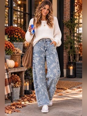 NWOT J.O.A. Floral Print Barrel Leg Jeans Drawstring Waist M